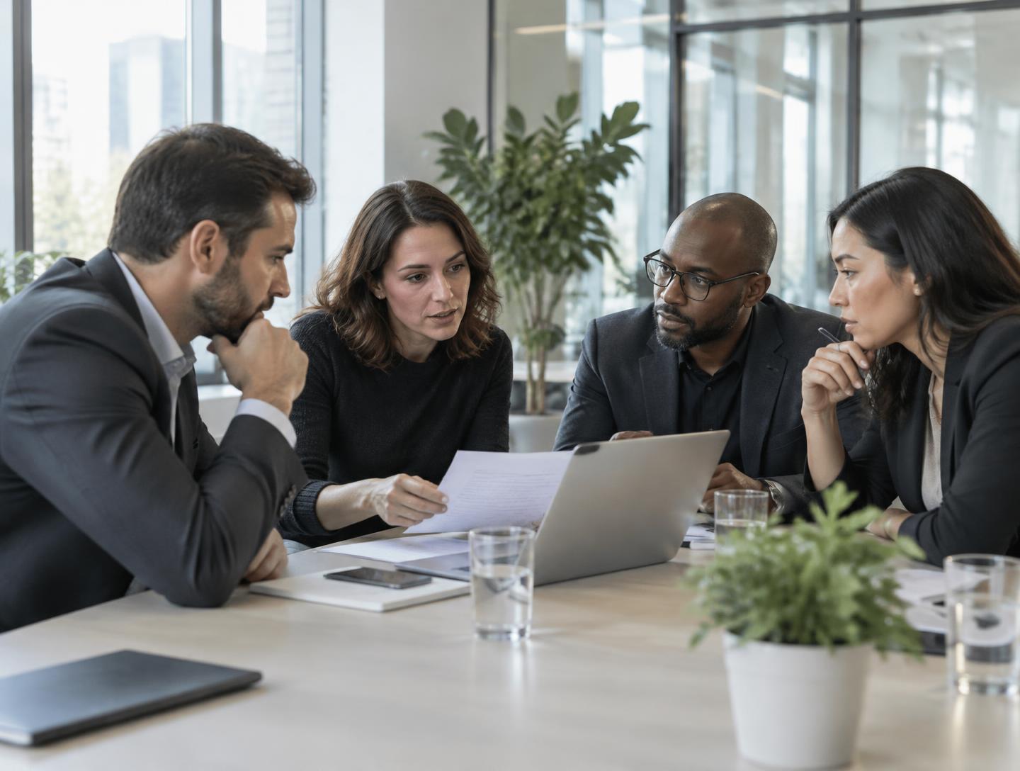 Illustrative executive discussion around a shared worktable